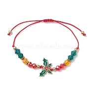 Christmas Glass Braided Bead Bracelets, Alloy Enamel Adjustable Bracelets for Women, Holly Leaves, Inner Diameter: 1~3-1/8 inch(2.5~8cm)(BJEW-JB10892-03)