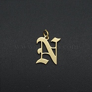 201 Stainless Steel Pendants, with Jump Ring, Old English, Letter, Laser Cut, Golden, Letter.N, 15.5x13x1mm, Hole: 3mm(STAS-R111-JA566-N)