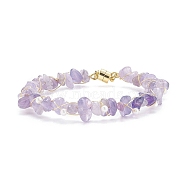 Natural Amethyst Chips Beaded Bracelet with Shell Pearl, Brass Wire Wrap Bracelet with Magnetic Clasps for Women, Golden, 7-1/2 inch(19cm)(BJEW-TA00078-02)