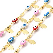 Enamel Evil Eye Link Chains, with Real 18K Gold Plated Brass Hamsa Hand Charms, Soldered, with Spools, Long-Lasting Plated, Colorful, 13.5x5x4.5mm, 7.5x3x2.5mm(CHC-C003-10G)
