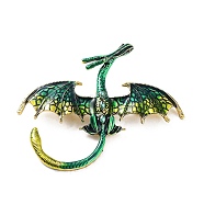 Dragon Alloy Rhinestone Brooches, Enamel Pins, Antique Golden, Green, 70x78x13mm(JEWB-K018-08AG-02)