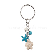 Turtle & Starfish Synthetic Turquoise Pendant Keychains, with Iron Ring, Floral White, 7.3cm(KEYC-JKC00628-02)
