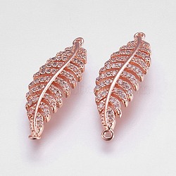 Brass Micro Pave Cubic Zirconia Links, Clear, Leaf, Rose Gold, 30x9.5x2mm, Hole: 1mm(ZIRC-E144-03RG)
