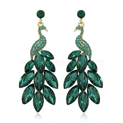 Exquisite Peacock Alloy Dangle Stud Earrings, with Rhinestone, Golden, Green(PN0613-1)