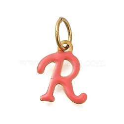 Ion Plating(IP) 304 Stainless Steel Enamel Alphabet Charms, with Jump Ring, Real 14K Gold Plated, Letter R, 11.5x9x1mm, Hole: 5mm(STAS-F308-02G-R)