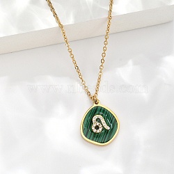 304 Stainless Steel Micro Pave Cubic Zirconia constellation Pendant Necklaces, with Synthetic Malachite, Golden, Leo, 17.72 inch(45cm) long+50mm extender(NJEW-R021-01G-05)