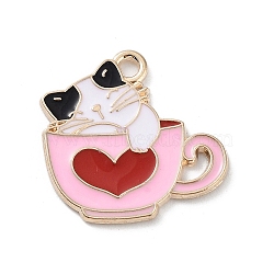 Alloy Enamel Pendants, Golden, Cup Cat with Heart Charm, FireBrick, 20x20x1mm, Hole: 1.6mm(X-PALLOY-P301-04A-G)