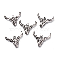 304 Stainless Steel Pendants, OX Head, Antique Silver, 24x25x4mm, Hole: 1.6mm(STAS-F263-10AS)