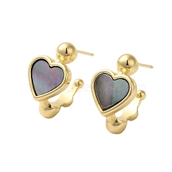 Shell Heart Stud Earrings, with Ion Plating(IP) Golden Plated Brass Findings, 925 Sterling Silver Pin, Golden, Black, 20.5x12mm(EJEW-K287-01G-13)