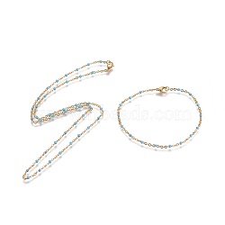 Ion Plating(IP) 304 Stainless Steel Jewelry Sets, Cable Chain Bracelet and Necklaces, with Enamel, Golden, Light Sky Blue, 19.6 inches(50cm), 2mm, 8-1/8 inches(20.5cm), 2mm(SJEW-F205-A10)