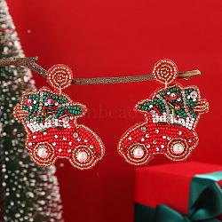 Christmas Style Handmade Glass Seed Beads Dangle Stud Earrings, with Cute Car Design, Red, 60x53mm(DO5913)