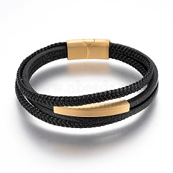 Braided Microfiber PU Leather Cord Multi-strand Bracelets, with 304 Stainless Steel Magnetic Clasps, Golden, 8-1/4 inch(21cm), 4~5mm(BJEW-K206-H-01G)