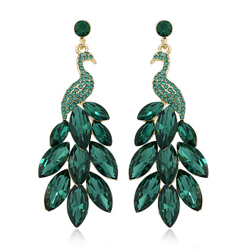 Exquisite Peacock Alloy Dangle Stud Earrings, with Rhinestone, Golden, Green