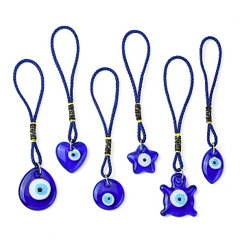 Evil Eye Lampwork Pendant Decorations, Polyester Braided Loop Hanging Ornaments, Mixed Shape, Blue, 124~140mm, 6pcs/set