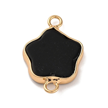 Natural Black Stone Flower Connector Charms, Brass 5 Petal Flower Links, Golden, 24.5x17x3.3mm, Hole: 2.4mm