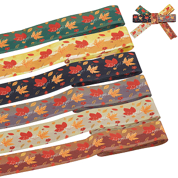 6 Yards 6 Color Autumn Double-Sided Printed Polyester Ribbon, Maple Leaf Pattern, Mixed Color, 1-1/2~1-5/8 inch(37~40mm), 1 yard/color