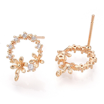 Brass Micro Pave Clear Cubic Zirconia Stud Earring Findings, with Loop, Nickel Free, Ring with Flower, Real 18K Gold Plated, 14x12mm, Hole: 0.8mm, Pin: 0.8mm