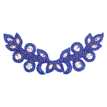 Flower Pattern Rhinstone Appliques, Iron On Patches for Bridal Wedding Dress Belt Costume Cheongsam Accessories, Dark Blue, 240x125x4mm, 1pc/box