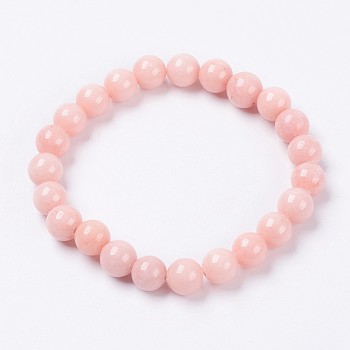Natural Mashan Jade Beaded Stretch Bracelet, Dyed, Round, Misty Rose, 2 inch(5cm), Beads: 8mm