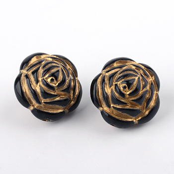 Rose Plating Acrylic Beads, Golden Metal Enlaced, Black, 26x22mm, Hole: 2mm, about 86pcs/500g