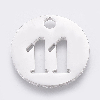 Non-Tarnish 304 Stainless Steel Pendants, Cut-Out, Hollow, Flat Round with Number, Stainless Steel Color, Num.11, 19x1.5mm, Hole: 2.5mm