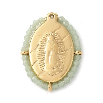 304 Stainless Steel Oval Embossed Jesus Pendants, Synthetic Luminous Stone Faceted Round Beaded Charms, Real 14K Gold Plated, Aquamarine, 25.5x19x2.5mm, Hole: 1.2mm