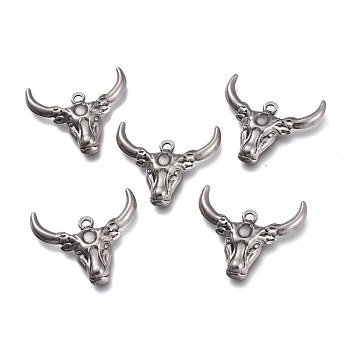 304 Stainless Steel Pendants, OX Head, Antique Silver, 24x25x4mm, Hole: 1.6mm
