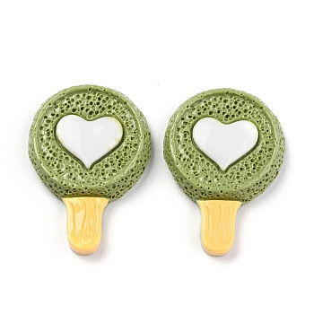 Opaque Resin Cabochons, Lollipop with Heart, Yellow Green, 35.5x25x10mm