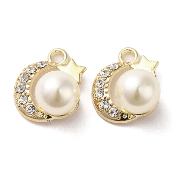 Alloy with Rhinestone Pendants, with ABS Imitation Pearl, Moon Charms, Golden, 18.5x16x11.5mm, Hole: 2.2mm