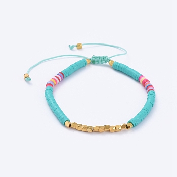 Adjustable Braided Bead Bracelets, with Handmade Polymer Clay Heishi Beads and Brass Beads, Medium Turquoise, 2-3/8 inch~3-5/8 inch(6~9.2cm)