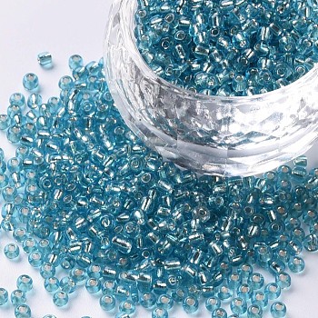 12/0 Glass Seed Beads, Silver Lined Round Hole, Round, Pale Turquoise, 12/0, 2mm, Hole: 1mm, about 3333pcs/50g, 50g/bag, 18bags/2pounds