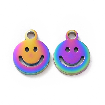Vacuum Plating 304 Stainless Steel Charms, Cut-Out, Manual Polishing, Hollow, Flat Round with Smile, Rainbow Color, 8x6x1mm, Hole: 0.8mm