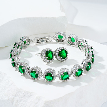 Vintage Elegant Brass Cubic Zirconia Stud Earring & Bracelets Set, Jewelry Set for Christmas and Halloween Gifts, Green