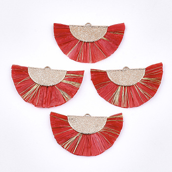 Raffia Tassel Pendants, with Metallic Cords & Brass Findings, Fan Shaped, Golden, Red, 27x45x3mm, Hole: 1x3mm