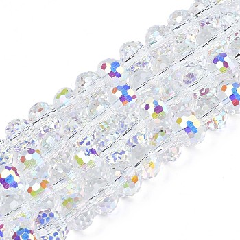 Electroplate Transparent Glass Beads Strands, AB Color Plated, Faceted, Rondelle, Clear AB, 10x8mm, Hole: 1.2mm, about 70pcs/strand, 20.67 inch(52.5cm)