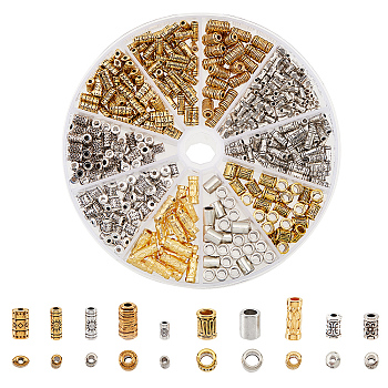 490Pcs 10 Style Tibetan Style Spacer Beads, Cadmium Free & Lead Free, Mixed Tube Shape, Antique Silver & Antique Golden, 5~13x3~6mm, Hole: 1~2.5mm