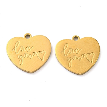 Valentine's Day 316 Surgical Stainless Steel Pendants, Laser Cut, Heart with Word Thank You, Golden, 13x14x1.2mm, Hole: 1.4mm
