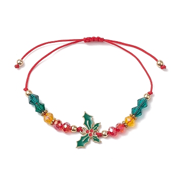 Christmas Glass Braided Bead Bracelets, Alloy Enamel Adjustable Bracelets for Women, Holly Leaves, Inner Diameter: 1~3-1/8 inch(2.5~8cm)