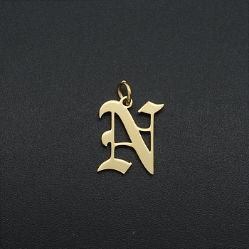201 Stainless Steel Pendants, with Jump Ring, Old English, Letter, Laser Cut, Golden, Letter.N, 15.5x13x1mm, Hole: 3mm