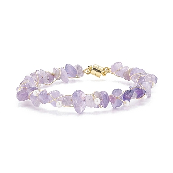 Natural Amethyst Chips Beaded Bracelet with Shell Pearl, Brass Wire Wrap Bracelet with Magnetic Clasps for Women, Golden, 7-1/2 inch(19cm)