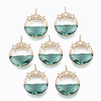 Glass Pendants, with Brass Micro Pave Cubic Zirconia Findings, Faceted, Flat Round with Star, Light Gold, Dark Cyan, 21.5x15.5x5.5mm, Hole: 1.2mm