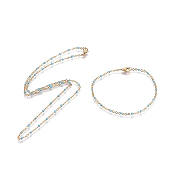 Ion Plating(IP) 304 Stainless Steel Jewelry Sets, Cable Chain Bracelet and Necklaces, with Enamel, Golden, Light Sky Blue, 19.6 inch(50cm), 2mm, 8-1/8 inch(20.5cm), 2mm