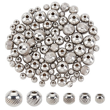 120Pcs 6 Style 304 Stainless Steel Beads, Round, Stainless Steel Color, 20pcs/style