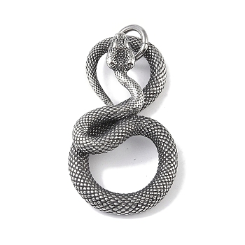 316 Surgical Stainless Steel Pendants, with Jump Ring, Snake Charm, Antique Silver, 50x27.5x10.5mm, Hole: 7mm