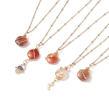 5Pcs 5 Style Moon and Star Planet Natural Red Agate Pendant Necklaces Set, Brass Jewelry for Women, Golden, Mixed Patterns, 17.52 inch(44.5cm), 1Pc/style