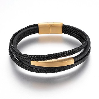 Braided Microfiber PU Leather Cord Multi-strand Bracelets, with 304 Stainless Steel Magnetic Clasps, Golden, 8-1/4 inch(21cm), 4~5mm