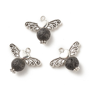 Natural Lava Rock Pendants, with Antique Silver Plated Alloy Wings, Angel, Black, 18.5x23.5x8~9mm, Hole: 2.2mm