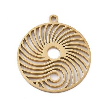 304 Stainless Steel Pendants, Laser Cut, Hollow Flat Round Charm, Real 18K Gold Plated, 24.5x22x1mm, Hole: 1.5mm