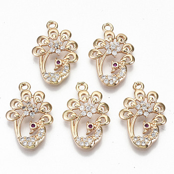 Brass Micro Pave Cubic Zirconia Pendants, Light Gold, Long-Lasting Plated, Cadmium Free & Lead Free, Peacock Shape, Clear, 21x14x3mm, Hole: 1.6mm