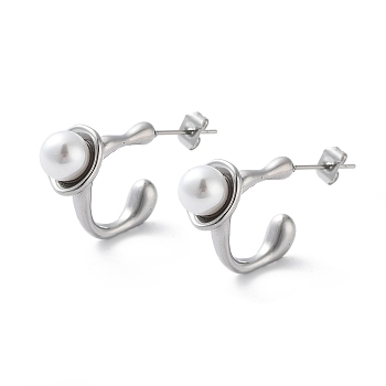 304 Stainless Steel Stud Earrings, Twist Rectangle Half Hoop Earrings with Plastic Pearl, Stainless Steel Color, 16.5x4mm
